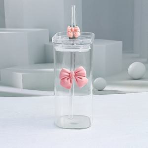 TEMU 정사각형 유리컵, 가을 겨울 밀크티용 휴대용 활莫形 음료컵, 12온스/350밀리리터, 뚜껑과 빨대 포함, 수집가, 가족, 학교, 야외용, 발렌타인데이, 크리스마스, 추수감사절을 위한 최고의 선물