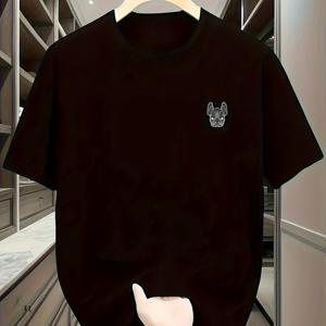 TEMU 남성용 블랙 프렌치 스타일 불독 그래픽 티셔츠 - 캐주얼, 통기성 혼방, 반팔, 라운드넥, 세탁기 사용 가능, 여름 캐주얼 웨어에 이상적