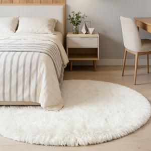 TEMU 오프화이트, 원형, 긴털 플러시 카펫 1개 | 부드럽고 푹신한 원형 러그 | 거실, 침실 및 서재 장식에 이상적 | 홈 데코 영역 러그