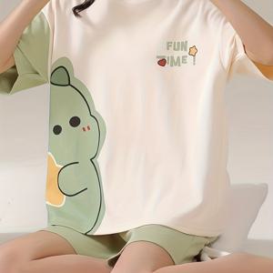 TEMU 여성 캐주얼 폴리에스테르 잠옷 세트, 만화 프린트 반팔 크루넥 풀오버, 95% 폴리에스테르, 5% 엘라스테인, 편안한 여름 잠옷