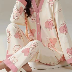 TEMU 여성용 캐주얼 라운지웨어 세트 (봄, 가을, 겨울용). 긴소매와 바지, 앞면 오픈 카디건, 귀여운 곰돌이 하트 패턴 프린트가 특징입니다.