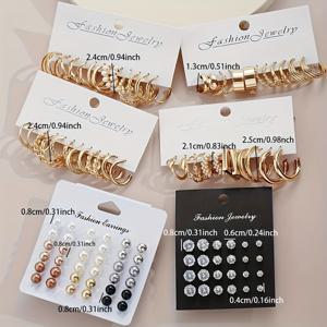 TEMU 심플한 라인스톤 및 메탈 기하학 디자인 스터드 귀걸이 108개 세트, 여성용 후프 귀걸이, 휴가, 데이트, 데일리용. 박스 미포함