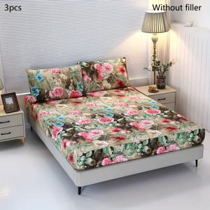 TEMU 3피스 식물 꽃무늬 침구 세트, 부드럽고 편안한 침실 및 게스트룸용, 매트리스 커버 1개와 베개커버 2개 포함, 충전재 없음