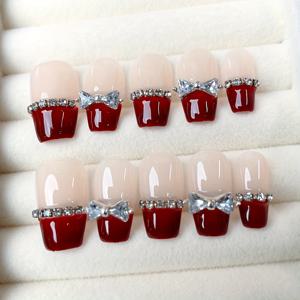 TEMU 10개입 짧은 코핀 스타일 수제 인조 손톱, , 보우 타이, 미시 스타일. 데일리, 직장, 데이트, 파티, 댄스에 적합. 탈부착 가능, 재사용 가능. 젤리 접착제 1개 및 네일 파일 1개 포함.