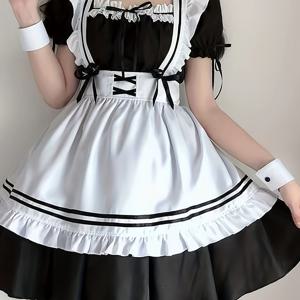 TEMU 귀여운 드레스 공주 드레스, 코스프레 애니메이션 의상, 일상 캐릭터 드레스 업, 플레이 메이드, 무료 앞치마, 머리 장식 및 넥타이 로프