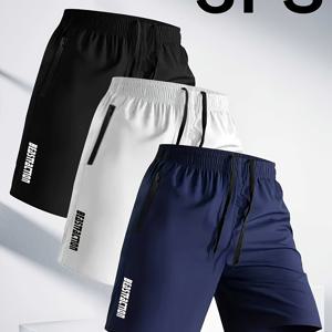 TEMU [겉연시] 남성용 캐주얼 이지 스타일 편안한 반바지 3종 세트, 레터 프린트 포켓 및 드로스트링, 여름 야외 피트니스 웨어, 속건성 편안한 반바지, 캐주얼 지퍼 포켓 약간의 스트레치 탄성 허리 드로스트링 반바지