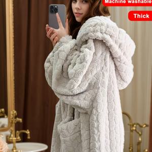 TEMU 가을/겨울 여성용 플란넬 가운, 코랄 롱 스타일 라운지웨어, 슬라우치 잠옷가운