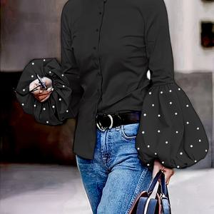 TEMU 패셔너블 랜턴 소매 비즈 버튼 프론트 셔츠, 스타일리시 솔리드 컬러 목폴라 블라우스, 봄과 가을에 적합한 여성 의류