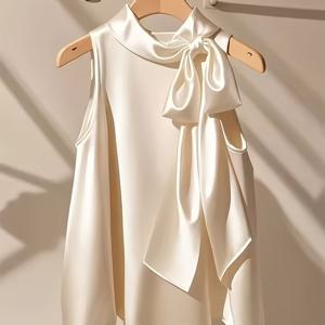 TEMU 여성용 우아한 보우노트 민소매 블라우스 - 단색 라운드넥 상의, 결혼식, 파티, 사무복용 - 활용도 높은 리본 장식 신축성 없는 블라우스