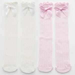 TEMU 어린이용 봄과 여름 리본 장사슬 양말, 얇은 무릎 길이 롱 스타킹, 직선형 소녀 중목 양말 2/4켤레