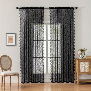 TEMU 블랙 레이스 창 커튼, 섬세한 꽃무늬 레이스 & 스캘롭 엣지 - 빈티지 매력 & 현대적인 우아함, 부드러운 빛과 프라이버시를 위한 시스펙터 패브릭, 폴리에스터 100%, 로드 포켓, 거실 및 침실에 완벽