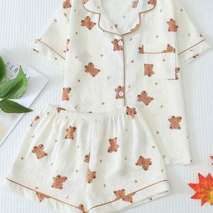 TEMU 여름 귀여운 곰돌이 버튼 카디건과 매칭 팬츠가 있는 파자마 세트