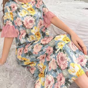 TEMU Syz 중동 방향 개발 0415 플로럴 드레스, 반팔, 컬러 블록 러플 헴, 롱 나이트가운, 외출하기도 가능한 우아하고 아름다운 홈 드레스