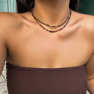 TEMU 2개 세트, 여성 패션 초커 목걸이, 빈티지 스타일 갈색 구슬 라운드 비즈 초커 목걸이, 여름 해변 에스닉 스타일 갈색 비즈 칼라본 체인 세트, 유리 소재, 여름 해변 휴가, 비즈 목걸이