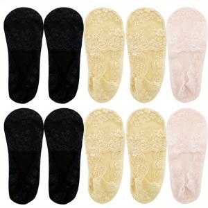 TEMU 여성용 레이스 보트 삭스 5켤레 세트, 실리콘 미끄럼 방지 디자인, 얕은 컷팅, 얇은 스타일, 그리고 패셔너블한 다용도감