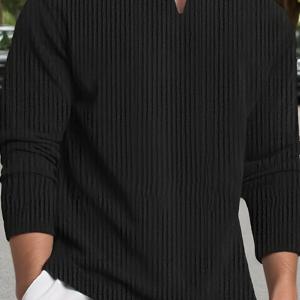 TEMU 남성 티셔츠, 단색 니트 골지 질감 스몰 V넥 긴팔 티셔츠, 캐주얼하고 편안한 남성 봄/가을