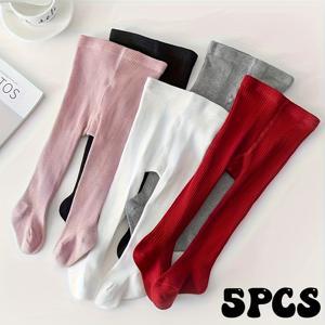 TEMU 여아용 부드러운 탄성 니트 레깅스 5켤레, 가을/겨울용 세로 팬티스타킹, 편안한 탄성 디자인의 무지색과 밝은 색상 혼합, 스포츠 및 레저에 적합, 클래식 양말 스타일, 고품질 원단