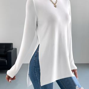 TEMU 세련된 긴팔 크루넥 티셔츠, 사이드 슬릿 디자인 - 여성용 솔리드 컬러 탑, 봄/가을에 적합 - 편안하고 넉넉한 핏, 데일리룩으로 적합한 아동복