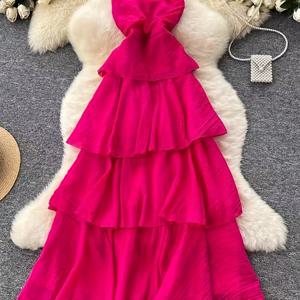 TEMU 여성용 민소매 스트랩리스 드레스, 여름 프렌치 스타일, 허리 주름, 매력적인, 우아한 바캉스 롱 가운, 요정 케이크 드레스