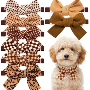 TEMU 다양한 스타일의 갈색 색상의 강아지용 조절 가능한 보우 타이 10개 세트. 소형견과 고양이에게 적합하며 겨울철 그루밍에 완벽한 추가 아이템입니다.