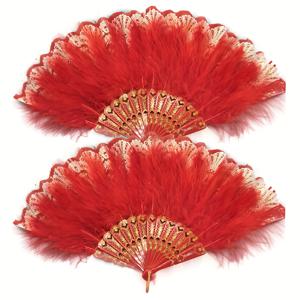 TEMU LERDU 2개 세트 인조 깃털 자수 꽃 부채 - 1920년대 빈티지 플래퍼 핸드팬, 코스튬 파티, 댄싱, 할로윈, 크리스마스 & 1920년대 스피키지, 역사적 댄스 파티 소품용 핸드팬