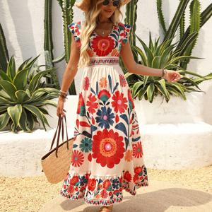 TEMU 새로운 경량 브이넥 캐주얼 맥시 드레스, 귀여운 나뭇잎과 꽃무늬 프린트, 러플 밑단, 벨트 포함, 음악 의류, 여성용 휴가, 컨트리 콘서트, 졸업식, 파티, 신학기, 스승의 날에 적합