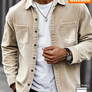 TEMU [2025 봄/가을 추천] 남성용 긴팔 멜랑쥬 컬러 레트로 루즈 코듀로이 셔츠, 봄/가을 야외 레저를 위한 다용도 스퀘어넥 재킷, 젊은 남성을 위한 한국 스타일 캐주얼 의상, 남성을 위한 완벽한 휴일 선물