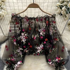 TEMU 여성용 퍼프 소매 오프숄더 디자인과 우아한 쉬어 자수 원단이 특징인 루즈핏 숏 레이스 블라우스