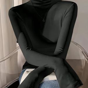 TEMU 여성용 가을/겨울 긴소매 슬림핏 하이넥 베이스레이어 상의, 보온을 위한 두꺼운 소재