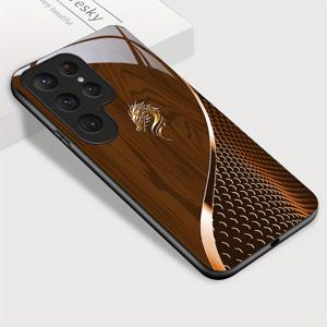 TEMU 삼성 갤럭시 S25 울트라 폰 케이스, 골든 드래곤과 스타일리시 그레인 프린트 광택 강화유리 케이스 충격방지 백커버