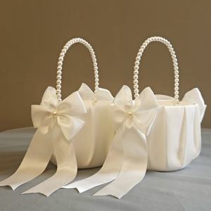 TEMU 2개 세트 모던 화이트 진주 손잡이 꽃바구니, 새틴 리본 보우 포함 - 접이식 웨딩 및 밸런타인데이 장식, 다용도 이벤트 파티 액세서리, 장식용 꽃 용기, 할로윈 및 크리스마스용 부케 액세서리