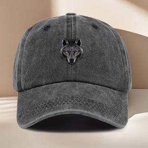 TEMU 남녀공용 빈티지 디스트레스드 모자, 늑대 머리 프린트 - 가벼운 직물, 모든 야외 여행용, 힙합 모자, 일상복, 휴가 & 모험용 곡선형 챙, 머리 둘레에 맞음 (목 덮개 없음)