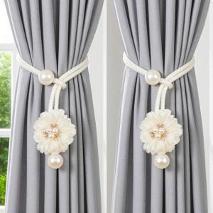 TEMU 인조 액센트가 있는 우아한 패브릭 모조 진주 플로럴 커튼 타이백 2개, 장식용 커튼 끈, 스타일리시하고 실용적인 정교한 꽃무늬 디자인, 안전한 고정, 거실 및 침실용