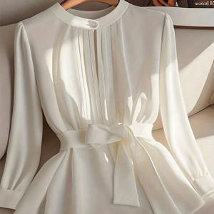 TEMU 여성용 우아한 솔리드 컬러 긴팔 블라우스 - 벨트 가능, 라운드넥 셔츠, 루즈핏 오피스 & 캐주얼 웨어, 세탁기 사용 가능 솔리드 컬러 탑