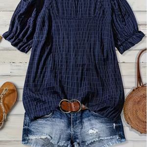 TEMU [원] 방향성 여성용 우아한 스퀘어넥 플리츠 반팔 셔츠는 일상복 및 사무실 출퇴근에 적합합니다.