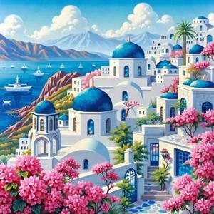 TEMU 아름다운 그리스 섬 풍경, 파란색과 흰색 건축물, 원형 , 글리터가 특징인 5D 페인팅 키트. 가정 장식 및 휴일 선물용으로 적합한 액자형 캔버스 벽걸이 예술 작품, 새로운 페인팅 키트