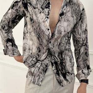 TEMU 남성용 빈티지 마블 프린트 긴팔 셔츠, 봄 가을 캐주얼, 통기성, 주름 방지