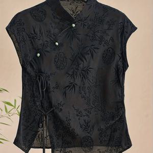 TEMU 여성용 신상 중국 스타일 빈티지 자카드 치파오 탑, 개구리 단추가 있는 민소매 셔츠, 독특한 디자인과 불규칙한 타이가 특징이며, 국수풍 스타일