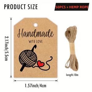 TEMU 50개 크래프트 종이 태그 + 황마끈 - 핸드메이드 빈티지 브라운 크래프트 태그 (하트 & 코바늘 디자인) - DIY 공예, 코바늘 선물, 뜨개질 프로젝트용 내구성 강한 브라운 태그 - 