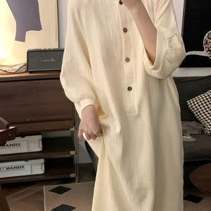 TEMU 2025 봄/가을 한정판 라운드넥 반여미 미디엄 소매 루즈 레이지 스타일 착용 가능한 홈드레스 젠틀 코리안 스타일 인스타일 라운지웨어 드레스