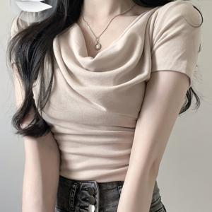 TEMU 여성 패션 노출 흉골 순수 욕망 향기 어깨 티셔츠, 원숄더 플리츠 슬림 티셔츠, 2026년 새해, 발렌타인데이