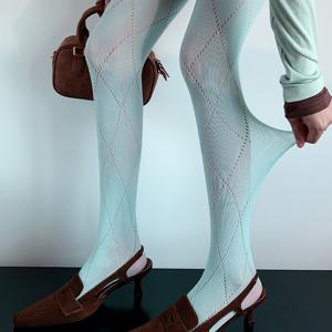 TEMU 봄/가을 할로우아웃 타이츠, 빈티지 패턴 레깅스, 스위트 & 에지 Y2K 스타일, 민트 맘보 봄/가을 컬러 타이츠