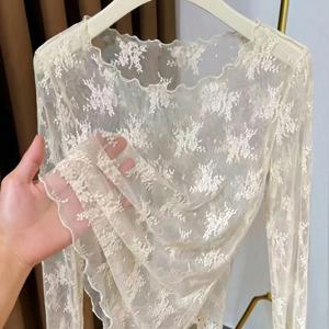 TEMU 새로운 여성용 시스루 오버사이즈 라운드넥 레이스 베이스레이어 탑, 경량 시스루 긴소매 메쉬 블라우스