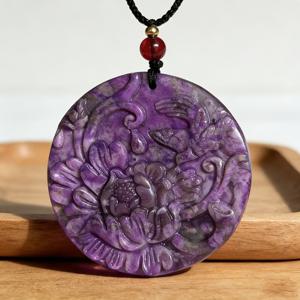 TEMU 천연 보라색 용석 모란 원형 펜던트, 섬세하게 조각된 풍요를 주는 꽃 장식, 풍부한 보라색 용 패턴 소재 목걸이, 남녀공용 주얼리 선물