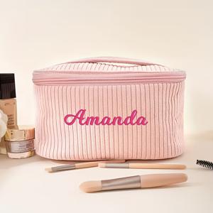 TEMU 맞춤 자수 이름 코듀로이 메이크업 가방 - 여행용 대용량 클러치, 지퍼 잠금, 가볍고 접이식 디자인으로 완벽한 선물로, 신부 들러리 또는 파티용품으로 적합