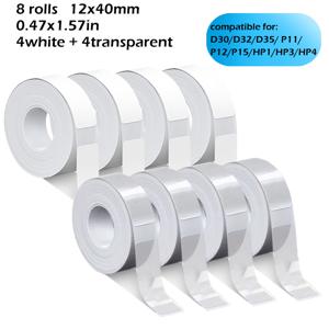 TEMU 총 8롤 1280매 (투명 4롤 + 흰색 4롤), D30/P15 휴대용 무선 감열식 라벨 프린터 호환 스티커 라벨, 0.47x1.57인치 12mm x 40mm, 투명 및 알코올 및 방수, 보관 파일 주소 사무실 가정용 이름표 스위치 라벨 크리스마스 선물용