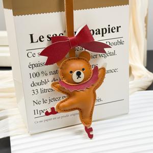 TEMU 귀여운 댄싱 곰 만화 피규어 인조 가죽 가방 장식 액세서리, 백팩 및 자동차 키체인용