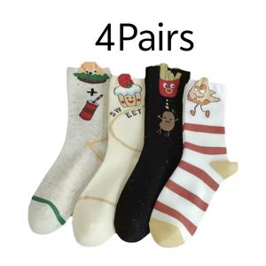 TEMU 재미있는 만화 흰색 미드 튜브 양말 4켤레, 일본 스타일 남아 여아 귀여운 만화 창의적인 햄버거 프라이 양말 십대 및 청소년 캐주얼 양말, 십대용, 십대용
