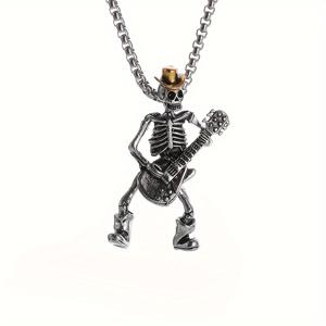 TEMU 1pc 남성 고딕 스켈레톤 기타 연주자 펜던트 목걸이, 펑크 힙합 할로윈 파티 액세서리 선물
