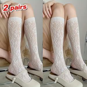 TEMU JK 미드 튜브 메쉬 양말 2켤레, 여성용 로즈 꽃 카프 삭스, 인스 트렌디 롬복 스타일 스타일 스타킹, 속이 빈 아카데미 스타일 메쉬 양말